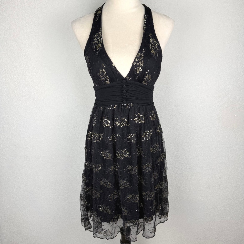 Vintage Forever 21 Black Gold Lace Halter Dress Metallic Floral Rose Tag SzSmall
